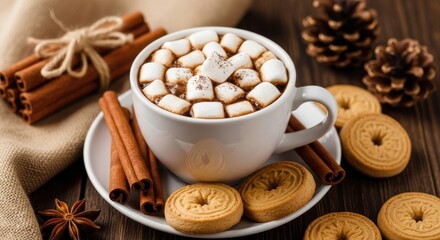 Cup of hot chocolate with marshmallows, surrounded by cinnamon sticks and cookies