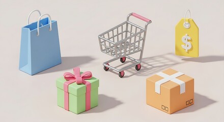 Colorful 3D illustration of essential online shopping items like a cart, bag, and delivery box, symbolizing the modern e-commerce experience