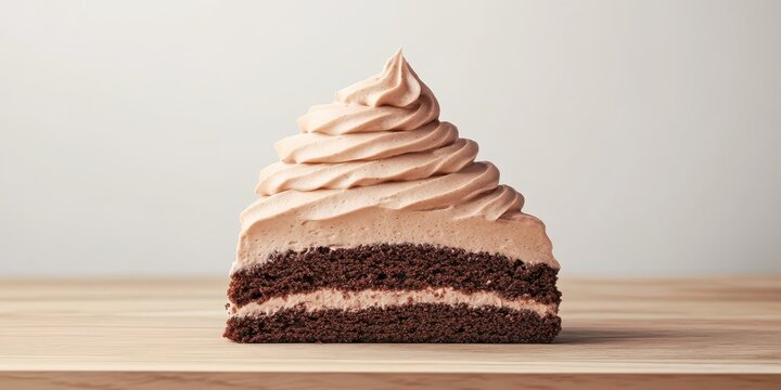 Decadent chocolate cake slice with swirling creamy frosting on a wooden surface, light background, inviting dessert perfection.