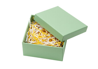 Isolated opened pistachio color gift box filled with colorful shredded paper strips inside