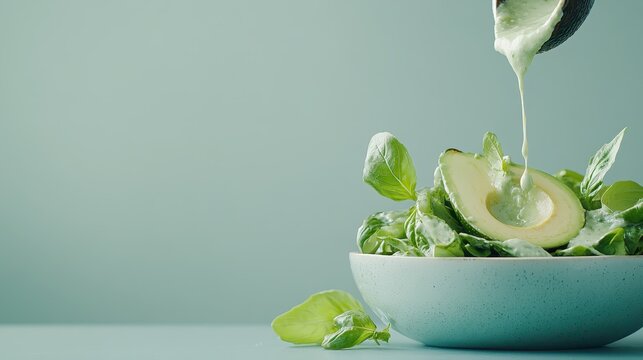 Fresh salad with avocado and basil, dressing being poured over healthy green leaves in a bowl.