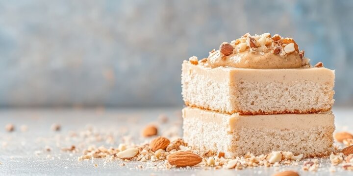Two stacked raw vegan cakes topped with nut butter and chopped almonds on a textured background.