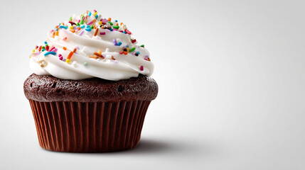 Close up of a chocolate cupcake with white frosting and colorful sprinkles on a white background