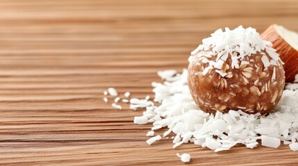 Coconut energy ball with oats on a wooden surface, healthy plant based snack.