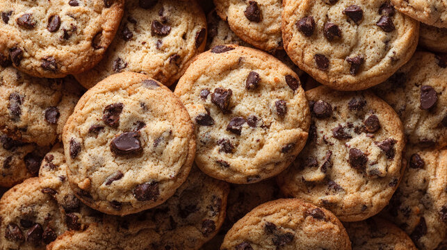 A close up shot of a pile of delicious looking chocolate chip cookies filling the entire frame view