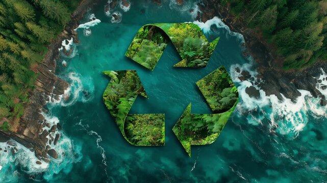 A recycling symbol integrates with serene waters and vibrant forests, showcasing nature beauty and environmental awareness