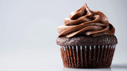 A close up shot of a single chocolate cupcake with chocolate frosting on a light background surface
