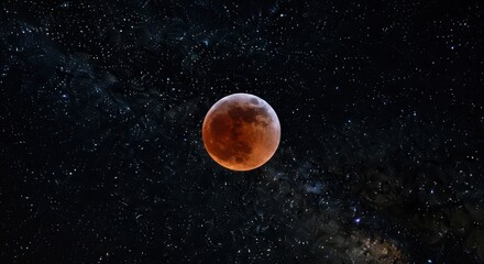 Red moon in dark night sky full of stars and galaxies.