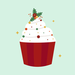 Holiday Christmas Cupcake Dessert with Sprinkles and Holly