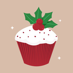 Festive Christmas Muffin with Holly and Berries