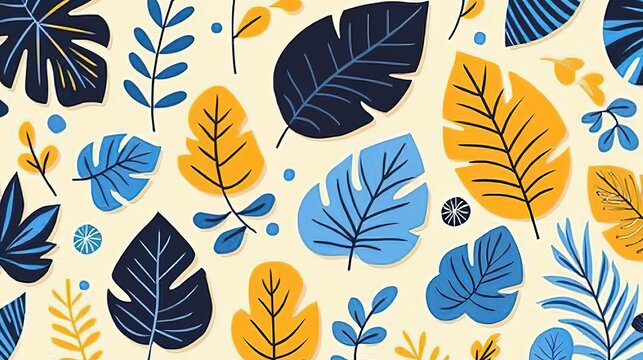 Seamless Pattern with Blue and Yellow Leaves on Light Background