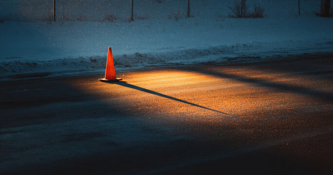 A traffic cone on a road with snow in the background and light shining down from above it