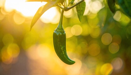 Vibrant image of a green chili pepper hanging from a plant with a bokeh background.