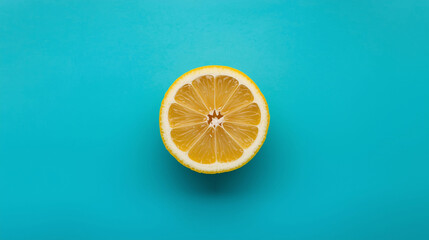 Bright Yellow Lemon Slice and Half on a Vibrant Turquoise Blue Background | Fresh Citrus Fruit for Summer Drinks, Healthy Eating, and Refreshing Themes