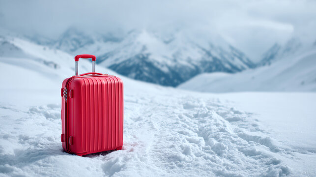 A red suitcase sits in the snow with mountains behind it