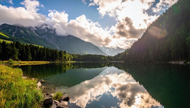 A tranquil mountain lake mirrors a dramatic sky filled with clouds and sunlight, bordered by a dense forest and grassy shore.