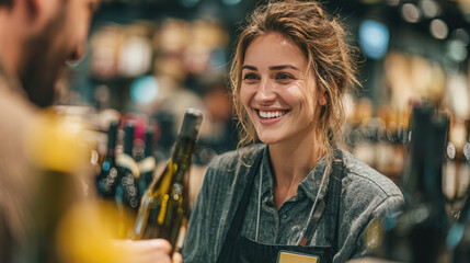 A salesperson in a wine shop advises a customer on choosing a wine, with shelves of wine in the background