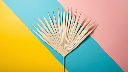 White Palm Fan Leaf on a Bright Geometric Pink, Blue, and Yellow Background | Vibrant Summer Tropical Aesthetic for Modern Design and Marketing