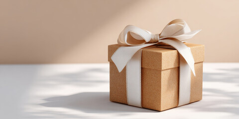 A brown gift box with a white ribbon bow on top is sitting against a soft, beige background