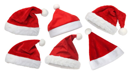 set of Different styles of red Santa hats isolated on transparent background