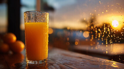 A glass of orange juice with condensation on the glass sitting on a table with oranges nearby and sunset