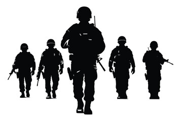 Naklejka premium Silhouette of a military squad walking forward isolated on white background, depicting teamwork, strength, and determination in a unified force