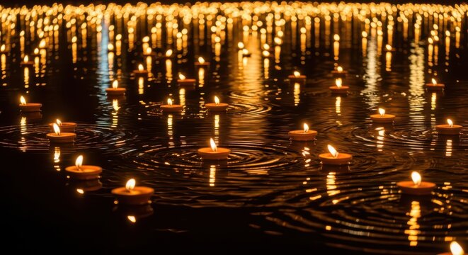 Floating candles illuminate the dark water, creating a serene atmosphere