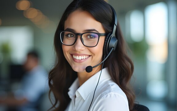 Operator of hot line. Portrait of friendly arab customer service representative wearing headset in call center. High quality