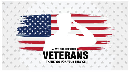 A patriotic tribute to veterans, featuring a silhouette saluting against a backdrop of the American flag, stars, and a heartfelt message of gratitude isolated on white background