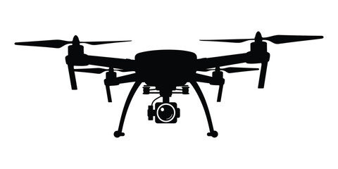 A sleek drone silhouette, capturing the essence of modern aerial technology and unmanned flight, showcasing its camera and propellers isolated on white background