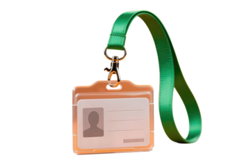 Orange ID badge with green lanyard and metal clip