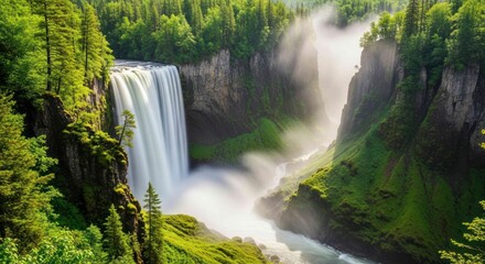 Waterfall flowing into river in lush forest landscape nature scene