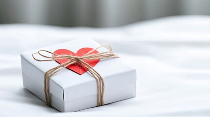 Obraz premium A small white gift box, tied with twine and featuring a red heart, rests on fresh white sheets, creating a romantic atmosphere perfect for Valentine's Day
