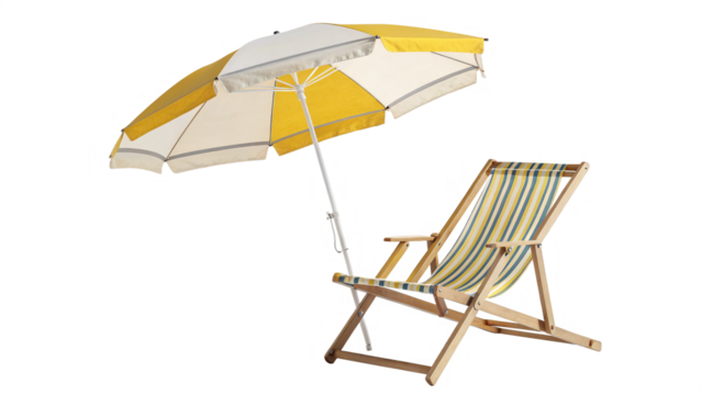 A striped deck chair is set up under a large yellow and white umbrella isolated on transparent background - Powered by Adobe