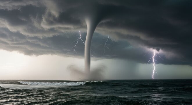 Waterspout and lightning over ocean, stormy weather and natural disaster