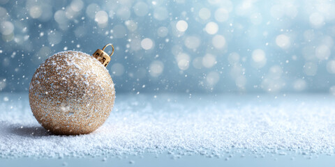 A gold Christmas ornament with a snowflake design on it is sitting in the middle of some white, powdery substance that looks like fake snow and has small flakes falling around it as well