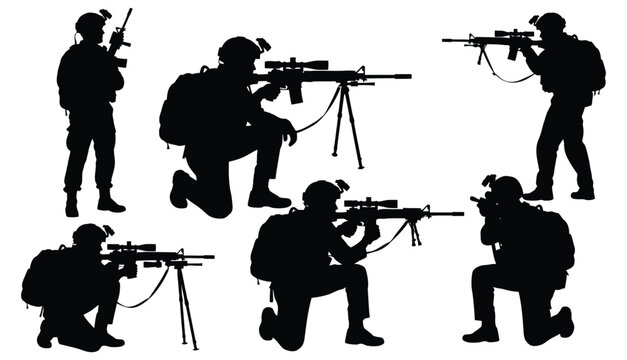 Silhouette of a group of soldiers in various shooting positions isolated on white background, showcasing military readiness and tactical expertise