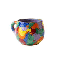 Abstract Colorful Ceramic Mug With Handle Detailed Macro Photography Isolated On Black Background With Natural Highlights And Textured Surface