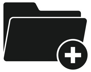 Icon of a folder with a plus sign, representing adding files, creating new directories, and organizing data isolated on white background