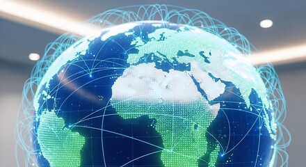 Global Network Visualization, Earth, Digital Interface, Technology Hub, Virtual Environment, Aerial View, Connectivity Concept