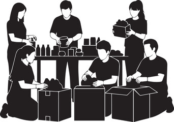 Diverse group of volunteers cooperating to pack donations for charity event celebration