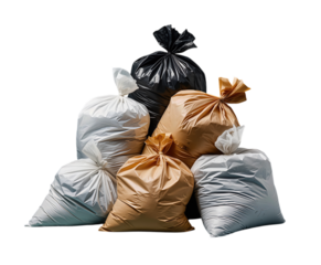 Pile of plastic garbage bags in black, white, and orange