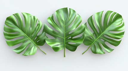 Three Monstera Deliciosa Leaves on White Background