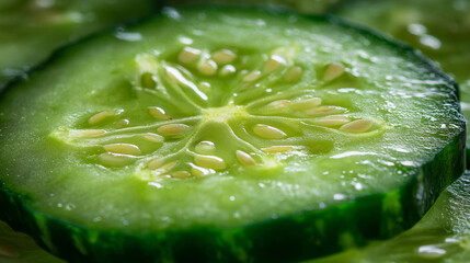 A macro shot of a fresh cucumber slice showing the seeds and juicy texture in great detail and clarity