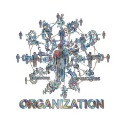 Abstract Colorful Human Figures Connected In A Circular Network Structure With The Word ORGANIZATION Below Against A Black Background