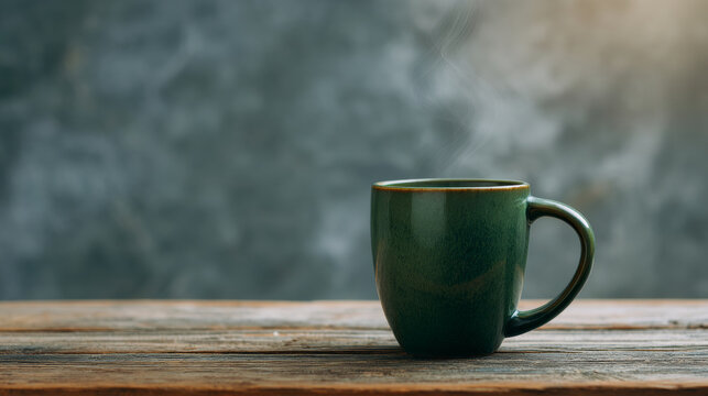 A green mug with hot liquid inside, emitting steam on a wooden table against a grey background - Powered by Adobe