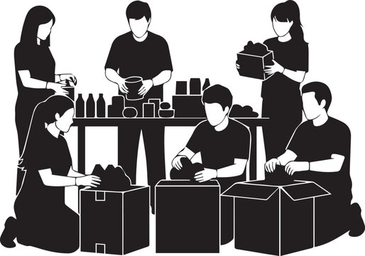 Diverse group of volunteers cooperating to pack donations for charity event celebration