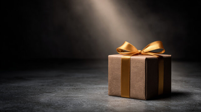 A brown gift box with a gold ribbon bow on top, sitting in the center of an otherwise dark background and lit by beams of light from above