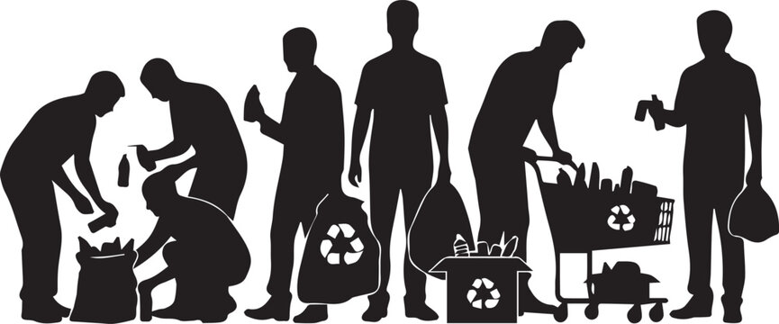 Diverse silhouettes of volunteers cleaning up litter for international volunteer day