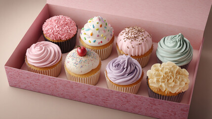 A pink box filled with eight cupcakes, each with different frosting colors and toppings arranged neatly